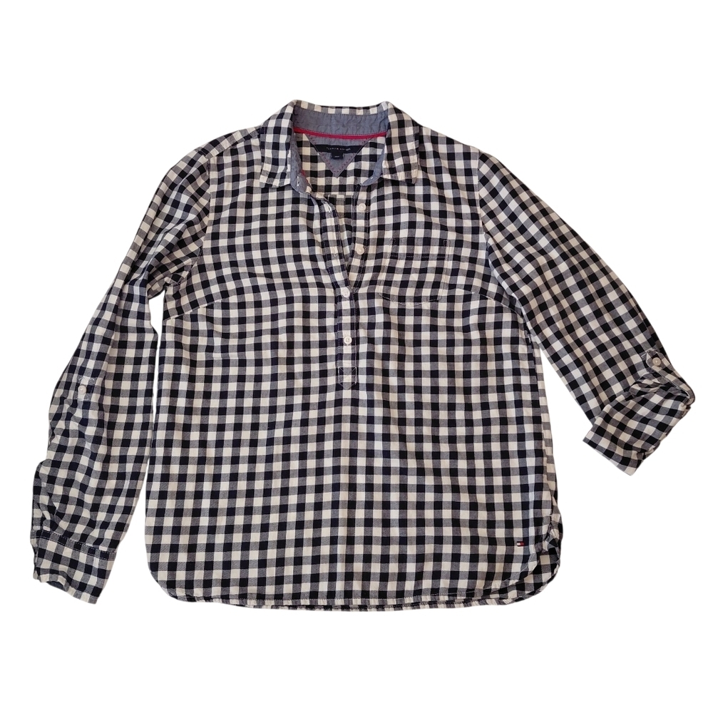 Tommy Hilfiger Black and White Gingham Button-Front Blouse